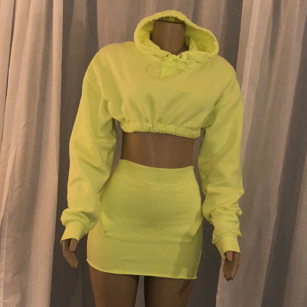 2 Piece Neon Yellow Hoodie Skirt Set